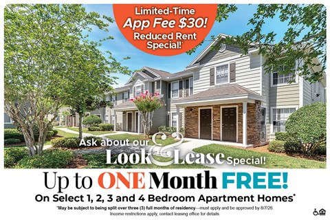 A promotional image for a lease special offering up to one month free on select apartment homes.