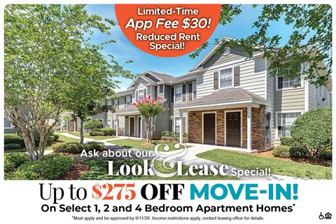A promotional image for a limited-time app fee of $30 and a reduced rent special.