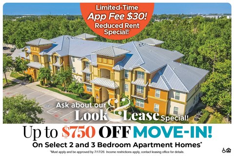 A promotional image for a lease special offering up to $750 off on select 2 and 3 bedroom apartment homes.