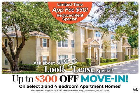 A promotional image for a lease special offering up to $300 off on select 3 and 4 bedroom apartment homes.