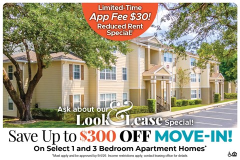 A promotional image for a limited-time app fee reduction and move-in special for apartment homes.