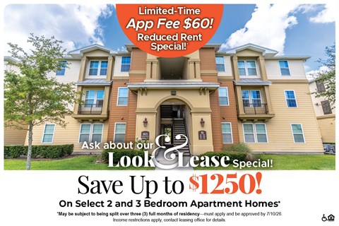A large apartment complex advertises a limited-time app fee reduction and a lease special.