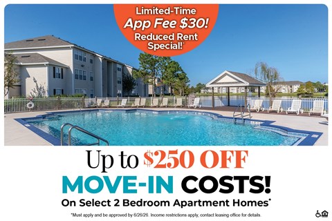 A promotional image for a limited-time app fee special and move-in cost discount for select 2 bedroom apartment homes.