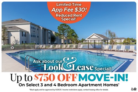 A promotional image for a lease special offering up to $750 off on select apartment homes.