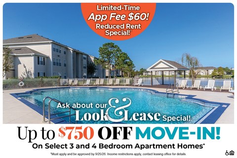A promotional image for a lease special offering up to $750 off on select apartment homes.