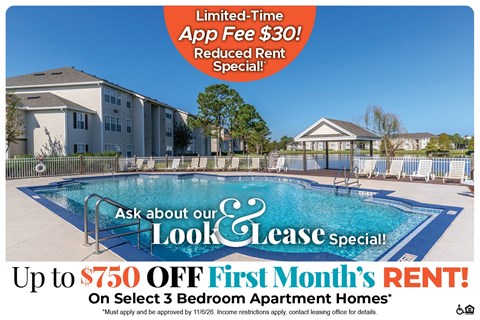Up to $750 Off First Month's Rent on Select 3 Bedroom Apartment Homes* Ask About our Look and Lease Special!