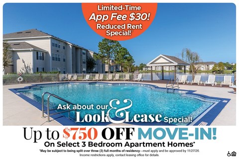 Up to $750 Off Move-In Costs on Select 3 Bedroom Apartments* Ask About our Look and Lease Special!