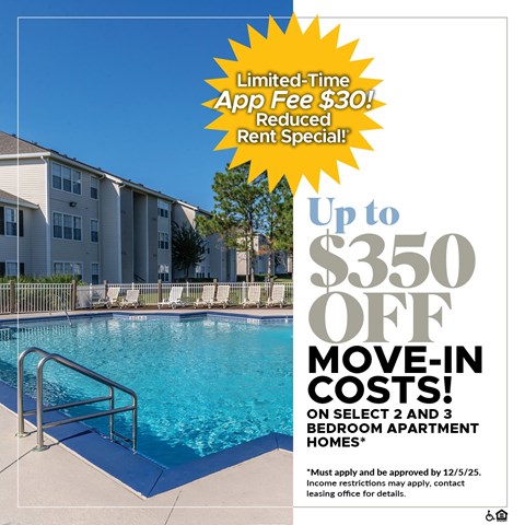 A promotional image for apartment homes with a pool and a $350 off move-in costs offer.