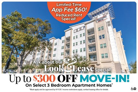 A building advertisement for a $60 app fee and $300 off move-in special.