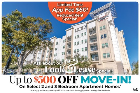 A building advertisement for a $60 app fee and $500 off move-in special.