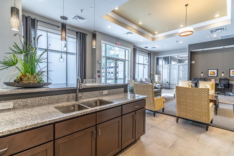 a kitchen with a sink and a counter top in a lobby