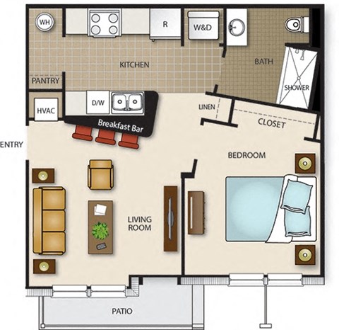 a floor plan of a small house with a living room and a bedroom
