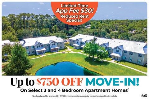 A promotional image for a limited-time app fee of $30 and a move-in special offering up to $750 off on select 3 and 4 bedroom apartment homes.