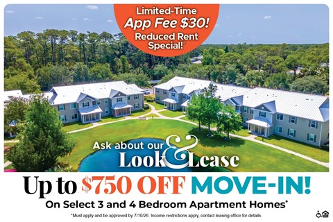 A promotional image for a lease offer featuring a row of houses with a large discount advertised.