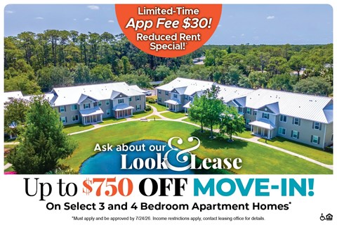 A promotional image for a lease offer featuring a row of houses with a large discount for select apartment homes.
