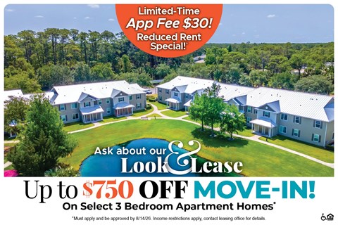 A promotional image for a lease offer featuring a view of apartment homes.