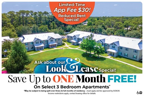 A promotional image for a limited-time app fee discount and rent special for a look and lease special on select 3 bedroom apartments.