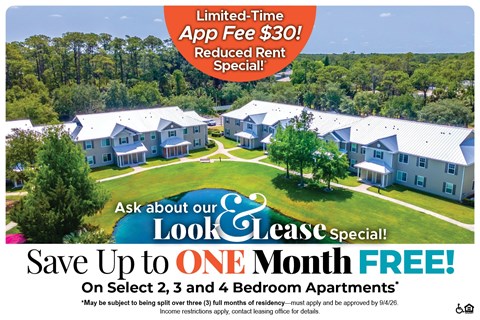 A promotional image for a lease special offering a free month on select 2, 3, and 4 bedroom apartments.