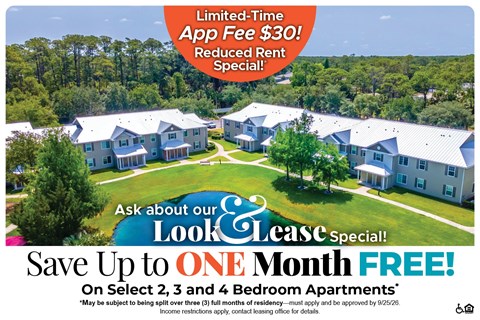A promotional image for a limited-time app fee discount at a residential complex.