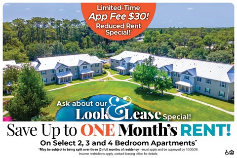 Save Up to One Month's Rent on Select 2, 3 and 4 Bedroom Apartment Homes* Ask About our Look and Lease Special!