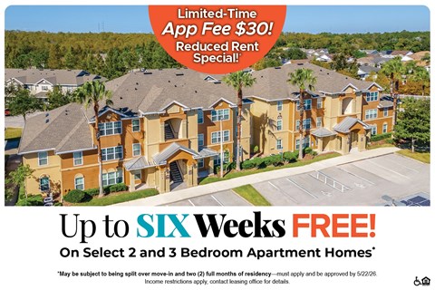 An advertisement for a free six-week app fee reduction on select 2 and 3 bedroom apartment homes.