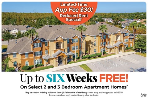 An advertisement for a free six-week app fee on select 2 and 3 bedroom apartment homes.