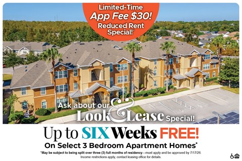 A promotional image for a lease special offering up to six weeks free on select 3 bedroom apartment homes.