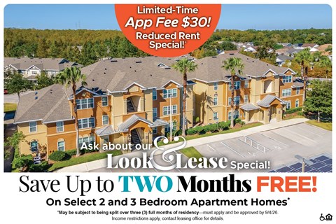 A promotional image for a lease special offering up to two months free on select 2 and 3 bedroom apartment homes.