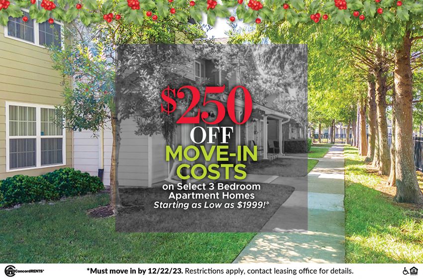 a sign that says 250 off move in costs on select 3 bedroom apartment homes