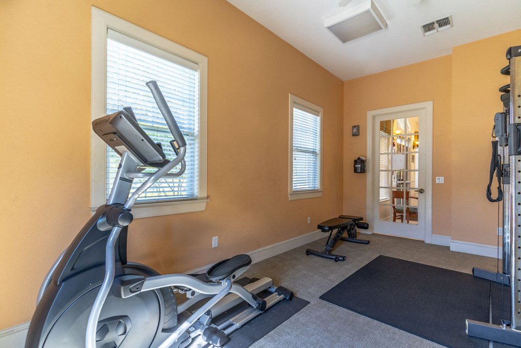 a home gym with a treadmill and exercise balls