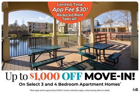A promotional image for a limited-time app fee of $30 and a $1,000 off move-in offer for select 3 and 4 bedroom apartment homes.