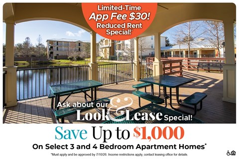 A promotional image for a limited-time app fee discount and rent special for select 3 and 4 bedroom apartment homes.