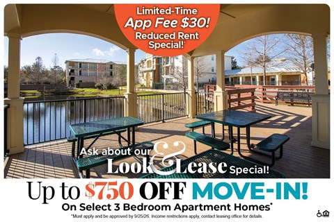 A promotional image for a lease special offering up to $750 off on select 3 bedroom apartment homes.