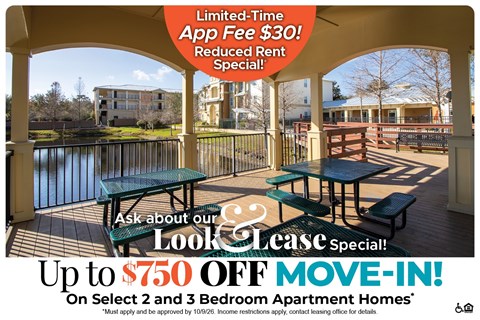A promotional image for a lease special offering up to $750 off on select 2 and 3 bedroom apartment homes.
