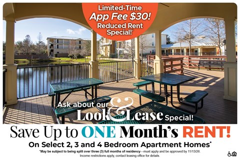 Save Up to One Month's Rent on Select 2, 3 and 4 Bedroom Apartment Homes* Ask About our Look and Lease Special!