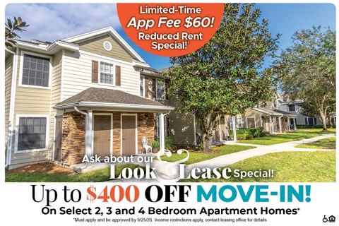 A housing advertisement offering a $400 off move-in special for select 2, 3, and 4 bedroom apartment homes.