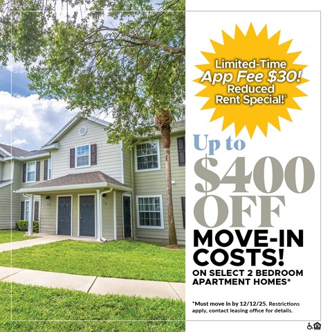 A house with a sign offering a limited-time app fee discount and move-in cost reduction.