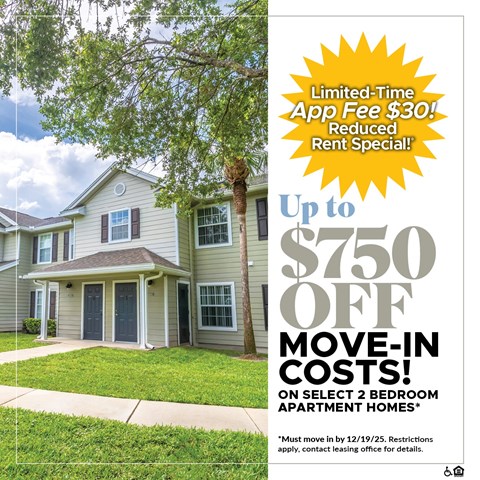 A promotional image for a limited-time app fee discount and move-in cost reduction for select apartment homes.
