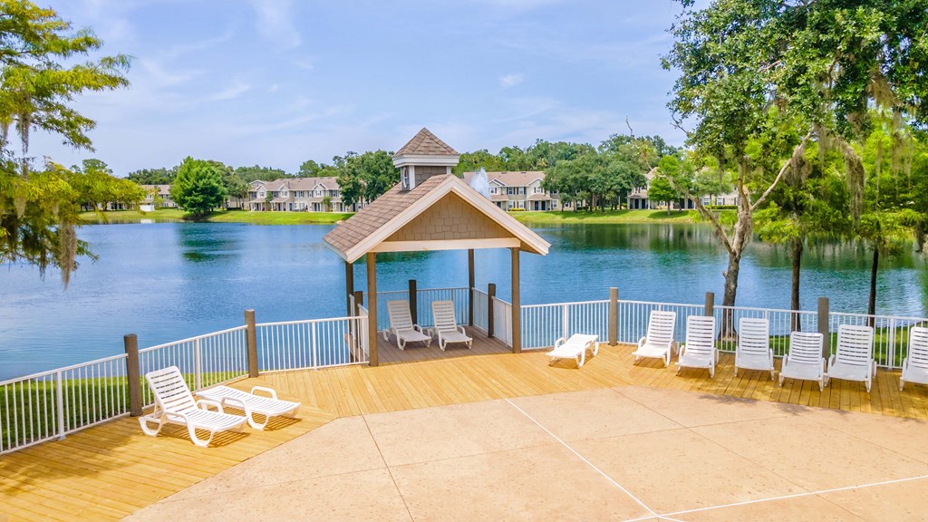 the dock overlooking the lake at the estates at johnson lake