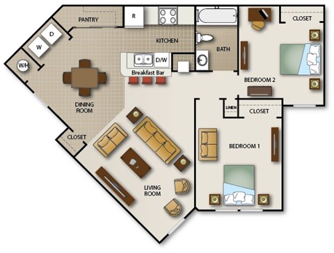 A floor plan of a house with two bedrooms, a living room, a dining room, a kitchen, a breakfast bar, a pantry, a laundry area, and a bathroom.