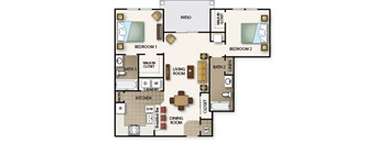 A floor plan of a house with two bedrooms, a living room, a dining room, a kitchen, a laundry room, and a patio.