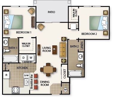 A floor plan of a house with two bedrooms, a living room, a dining room, a kitchen, a laundry room, and a patio.