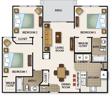 A floor plan of a house with three bedrooms and a dining room.
