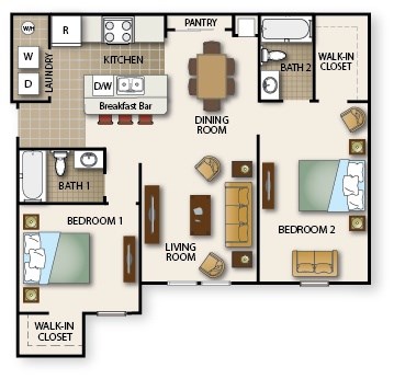 A floor plan of a house with two bedrooms, a living room, a kitchen, a breakfast bar, a dining room, and two bathrooms.