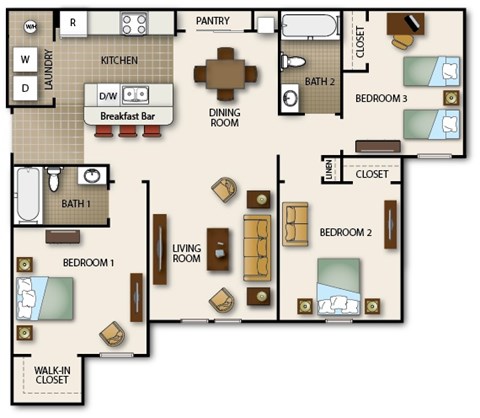 A floor plan of a house with three bedrooms, a living room, a kitchen, a pantry, a dining room, a laundry room, and a breakfast bar.