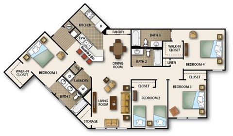 A floor plan of a house with labeled rooms such as Bedroom 1, Bath 1, Kitchen, and Dining Room.
