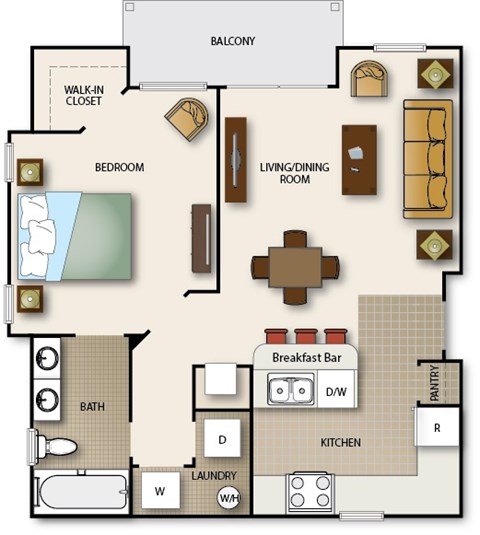 A floor plan of a house showing a bedroom, living room, kitchen, and bathroom.