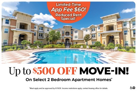 A promotional image for apartment homes offering a $500 move-in bonus.