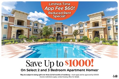 A promotional image for apartment homes with a pool and a limited-time app fee offer.
