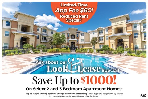 A promotional image for a lease special offering up to $1000 savings on select 2 and 3 bedroom apartment homes.